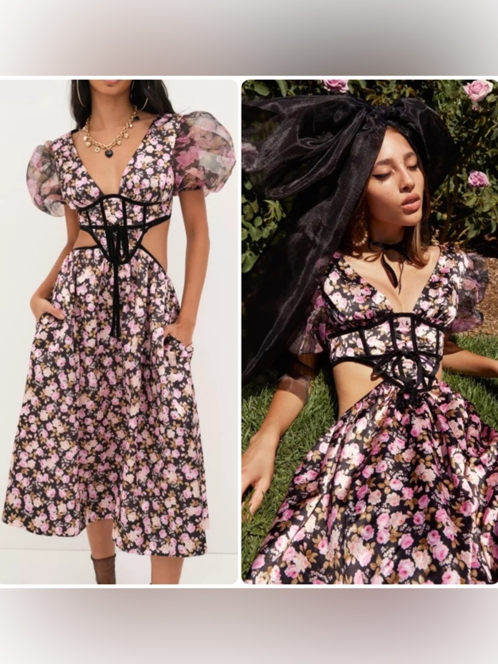 For Love & Lemons Maddison Floral Puff-Sleeve Cutout Midi Dress NWT $310